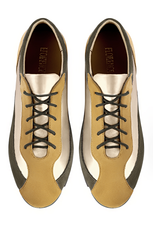 Mustard yellow, gold and khaki green women's three-tone elegant sneakers. Round toe. Flat rubber soles. Top view - Florence KOOIJMAN